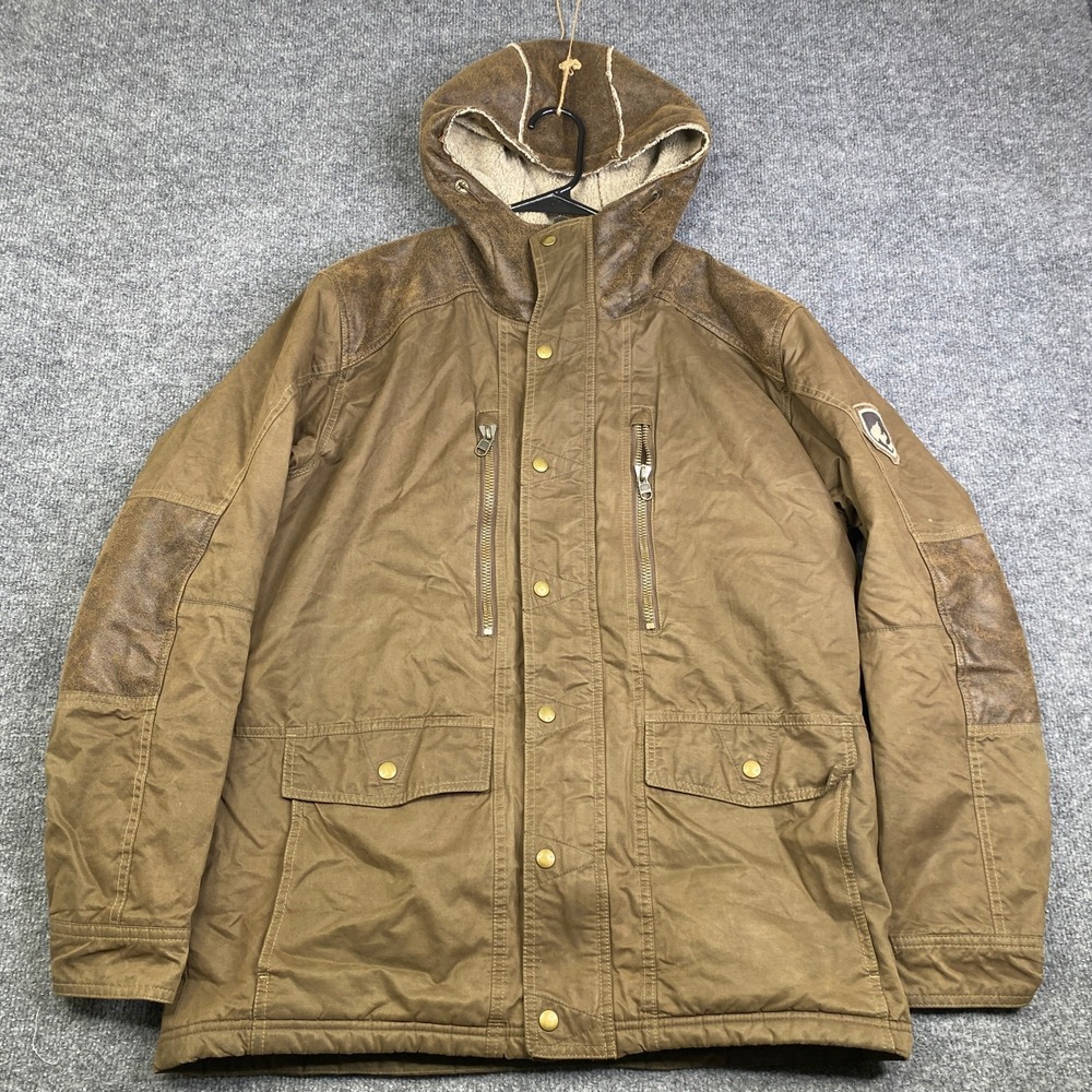 Kuhl Arktik Jacket Mens Large Olive Brown Waxed Cotton Fleece Lined Parka 1073